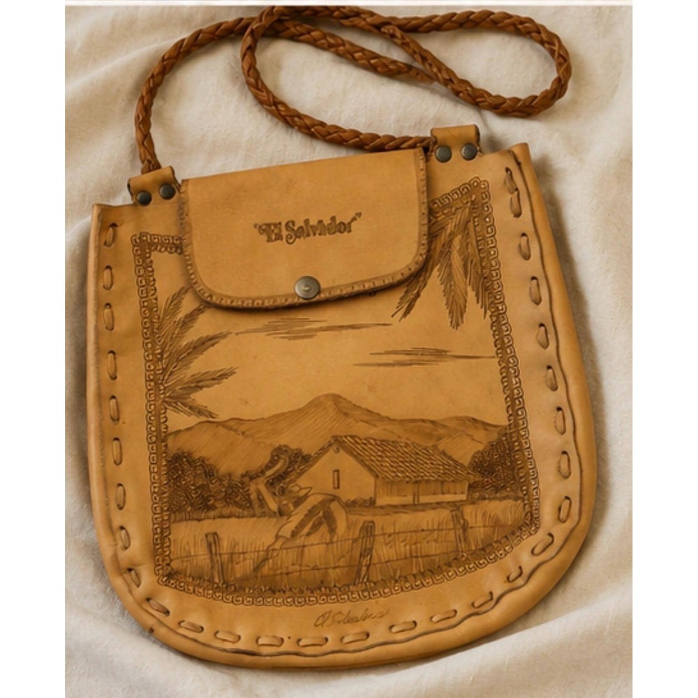 Vintage El Salvador Tooled Leather Shoulder Bag | Folk Art Boho Satchel Crossbod